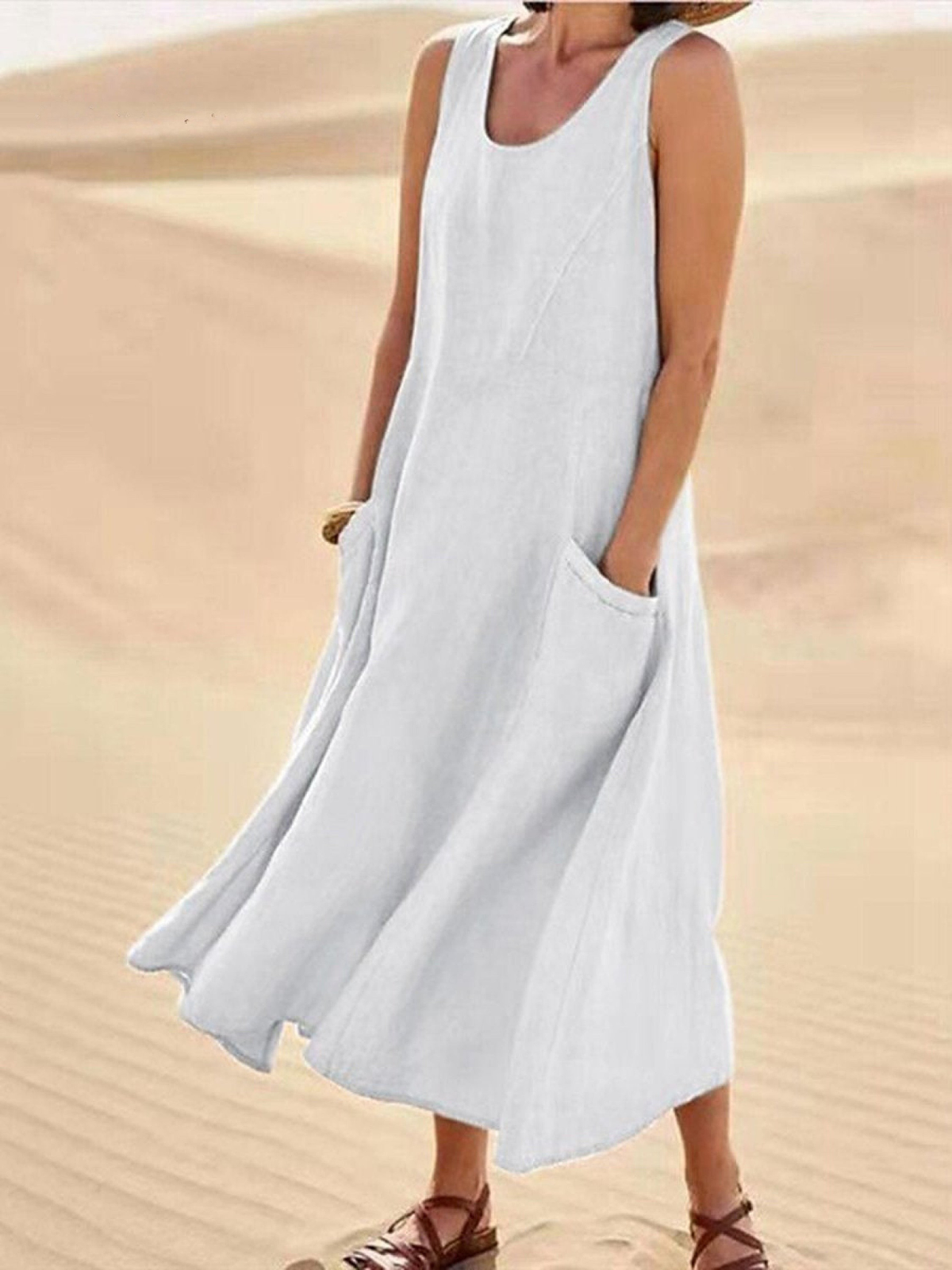 Women's Linen Loose Fit Round Neck Sleeveless Long Maxi Dress