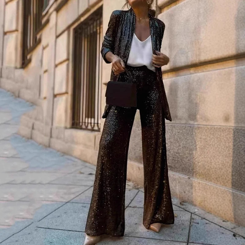 Amelia Hughes | Sequin Two-Piece Set With High-Waisted Pants For Women
