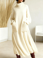 Women's Wool Loose Fit High Neck Knit Long Sleeve Maxi Dress