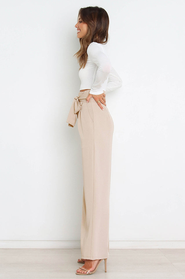 Women's High-Waist Wide Leg Knit Blend Trousers with Tie Belt