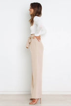 Women's High-Waist Wide Leg Knit Blend Trousers with Tie Belt