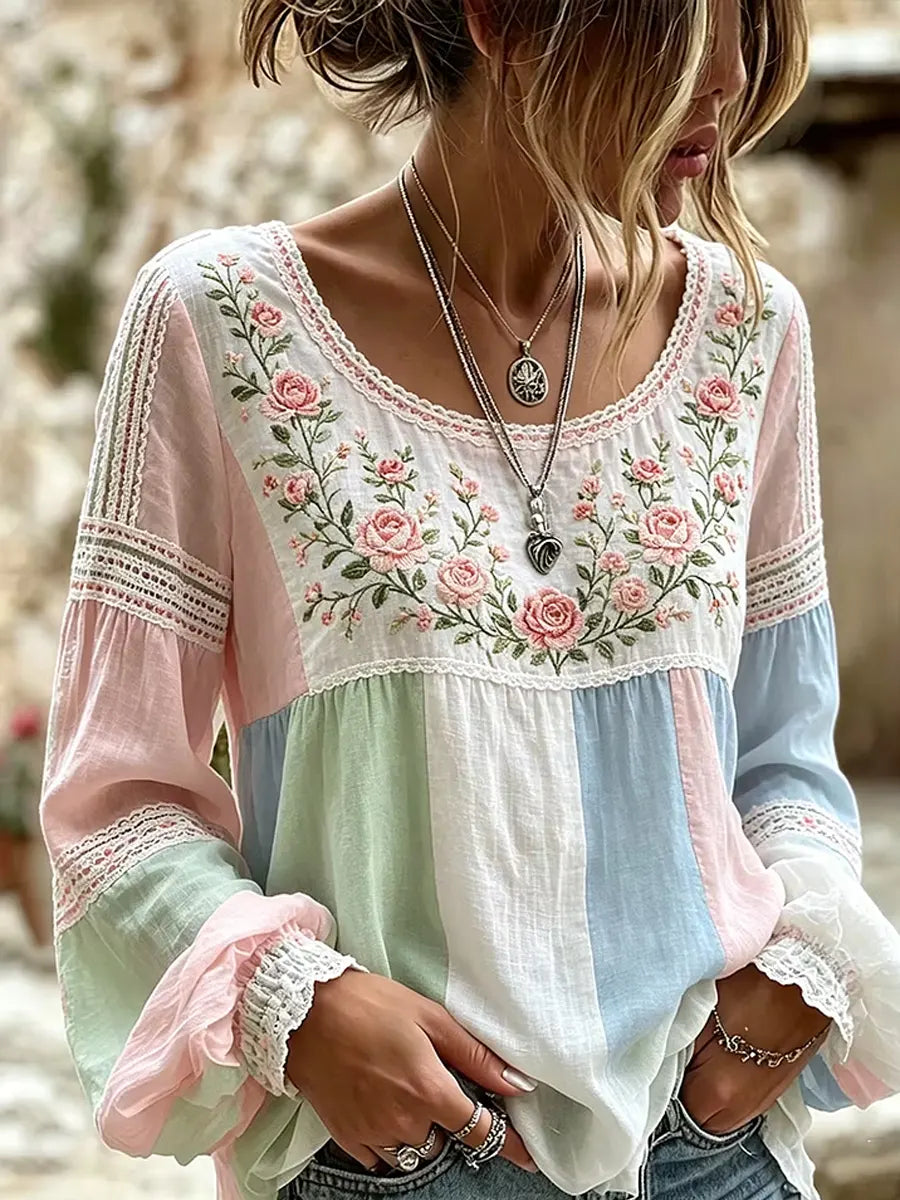 Women's Embroidered Linen Blouse Long Sleeve Everyday Top