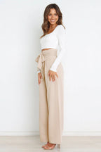 Women's High-Waist Wide Leg Knit Blend Trousers with Tie Belt