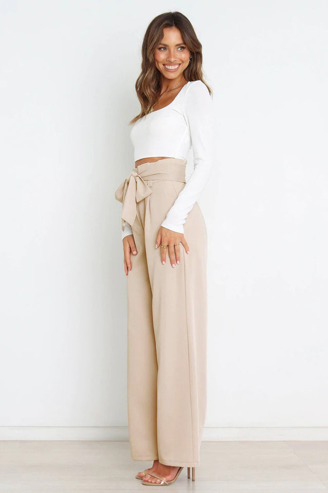 Women's High-Waist Wide Leg Knit Blend Trousers with Tie Belt