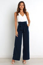Women's High-Waist Wide Leg Knit Blend Trousers with Tie Belt