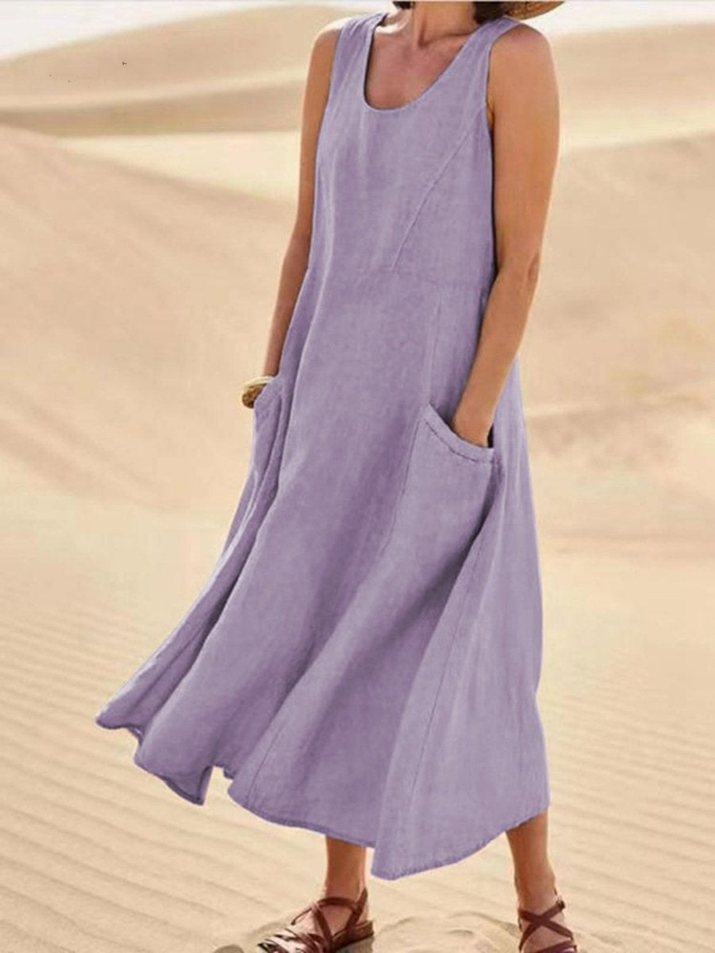 Women's Linen Loose Fit Round Neck Sleeveless Long Maxi Dress