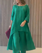 Women's Linen Two Piece Set High Low Tunic and Trousers Co-ord
