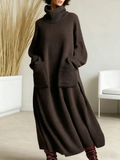 Women's Wool Loose Fit High Neck Knit Long Sleeve Maxi Dress