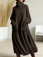 Women's Wool Loose Fit High Neck Knit Long Sleeve Maxi Dress
