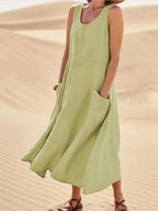 Women's Linen Loose Fit Round Neck Sleeveless Long Maxi Dress