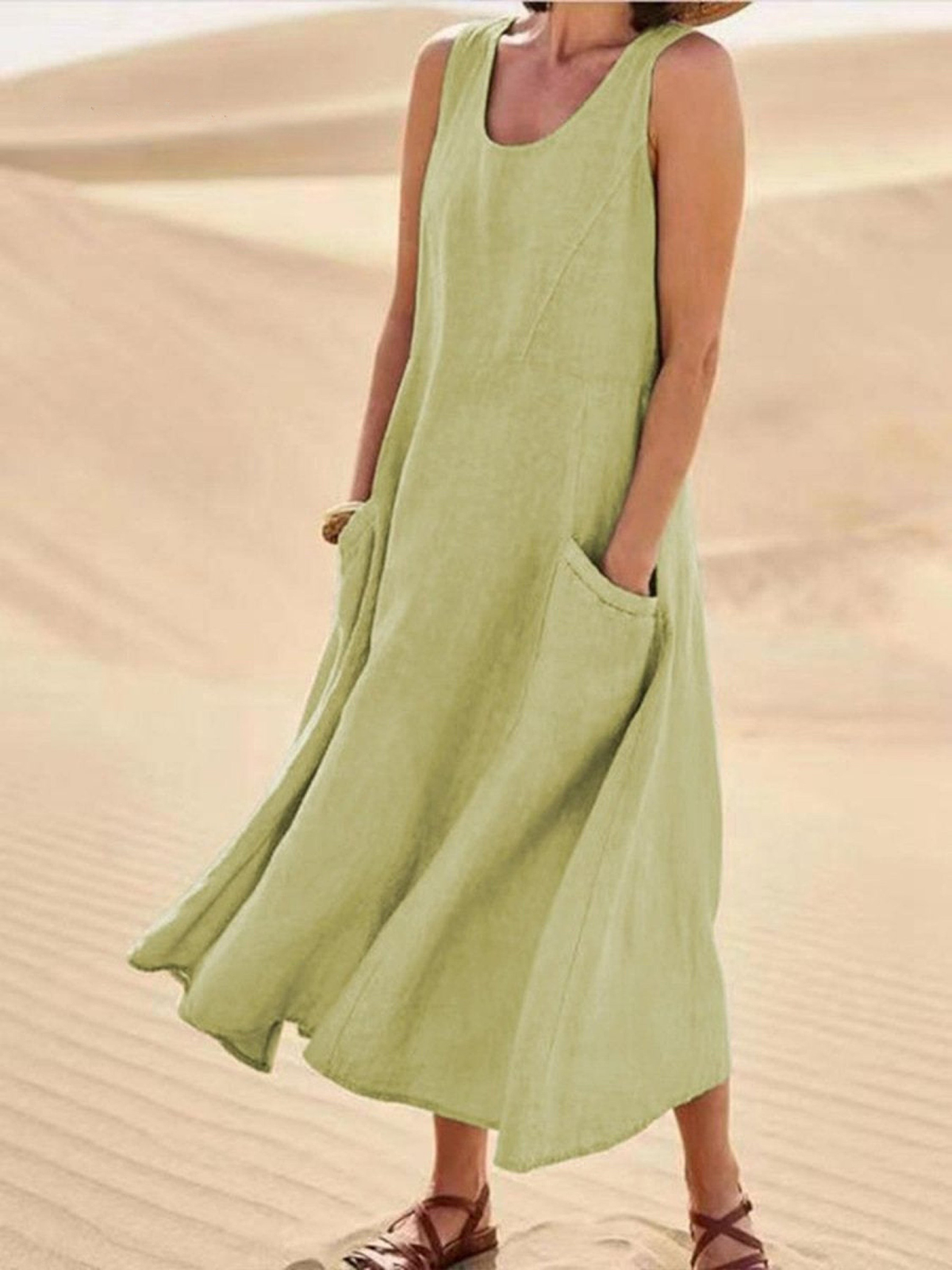 Women's Linen Loose Fit Round Neck Sleeveless Long Maxi Dress