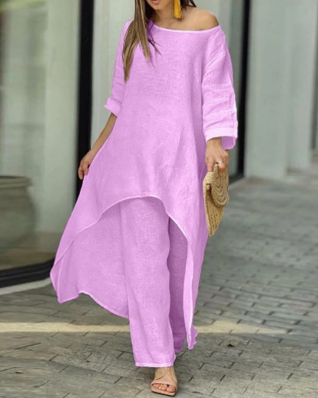 Women's Linen Two Piece Set High Low Tunic and Trousers Co-ord