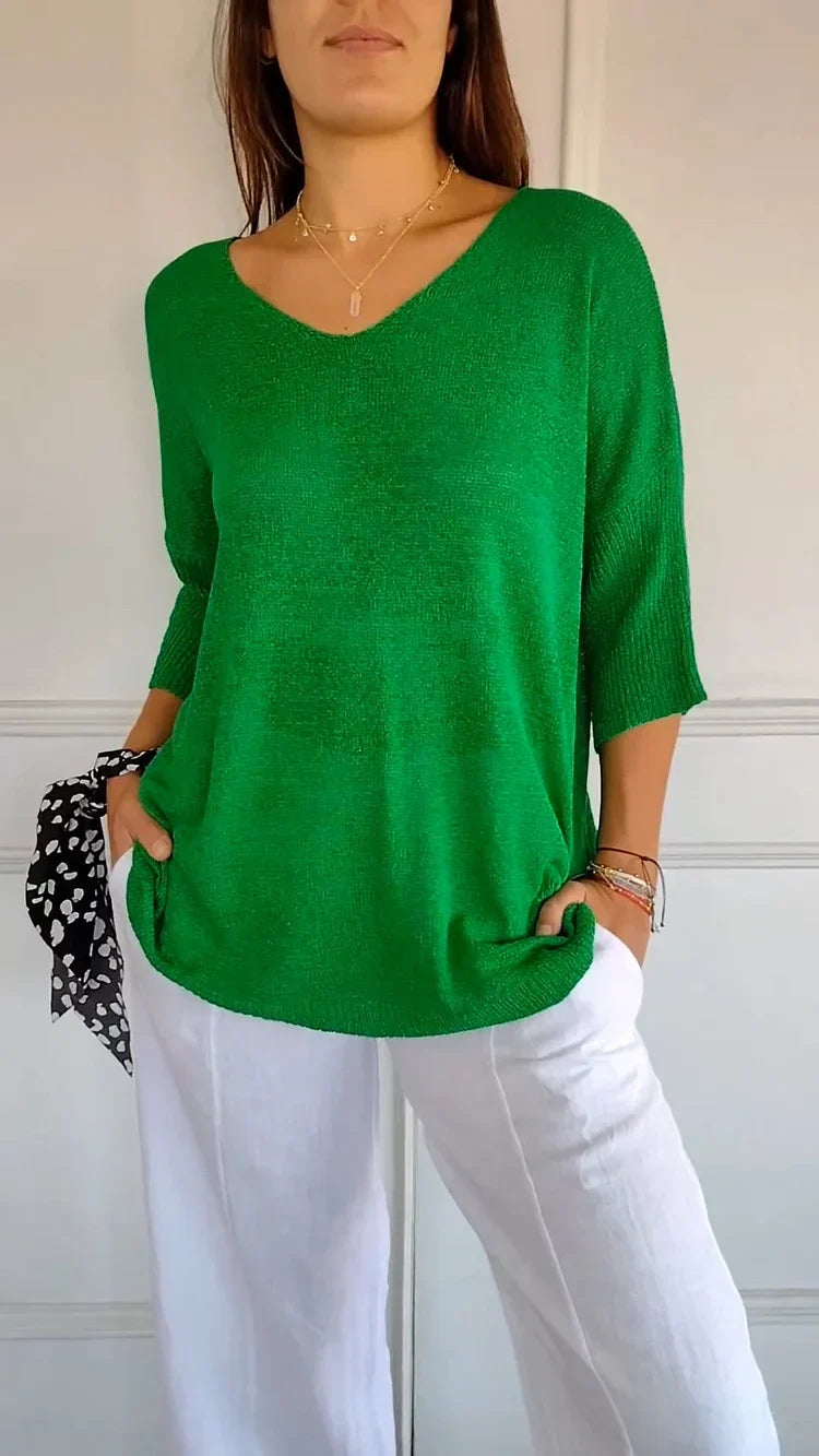 'Mia™ - Cozy Top with Knitted V-Neck — Soft Knit