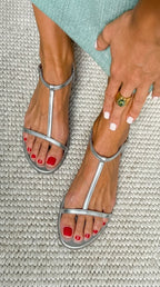 Women's Flat Sandals with Metallic Straps and Back Buckle for Autumn