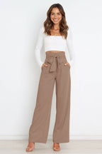 Women's High-Waist Wide Leg Knit Blend Trousers with Tie Belt
