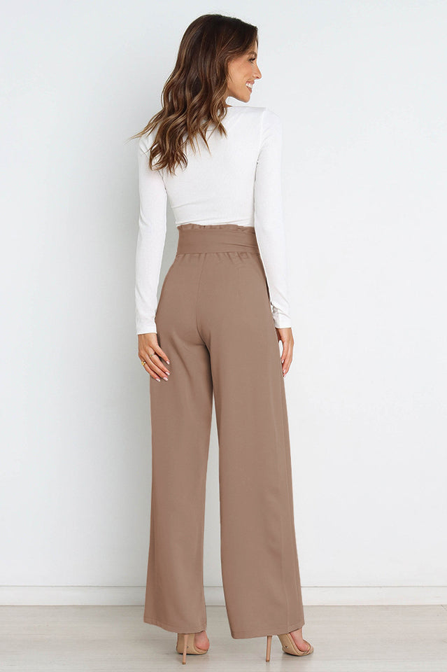 Women's High-Waist Wide Leg Knit Blend Trousers with Tie Belt