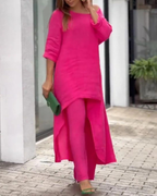 Women's Linen Two Piece Set High Low Tunic and Trousers Co-ord