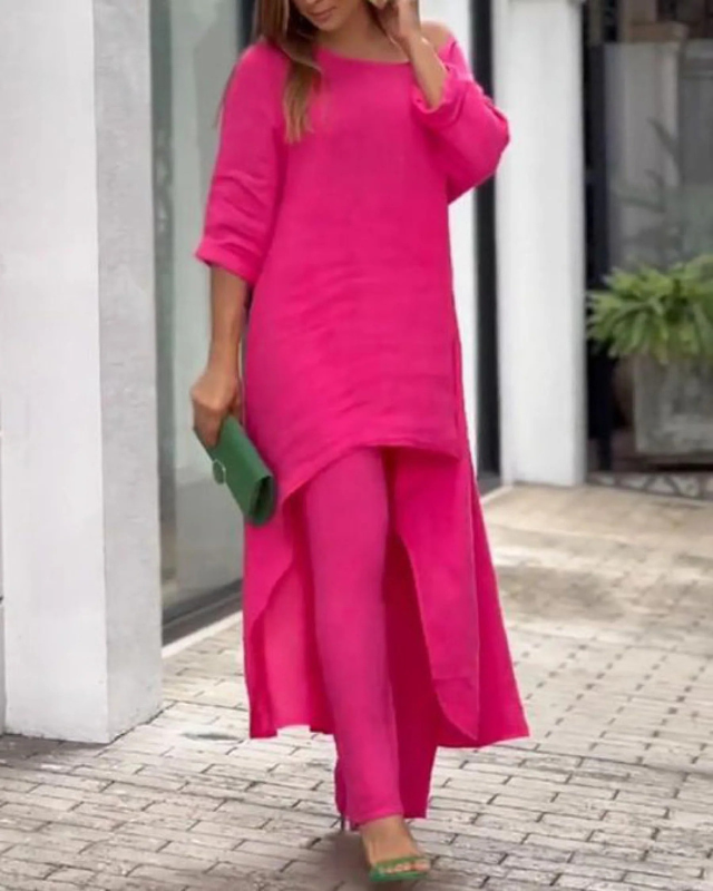 Women's Linen Two Piece Set High Low Tunic and Trousers Co-ord