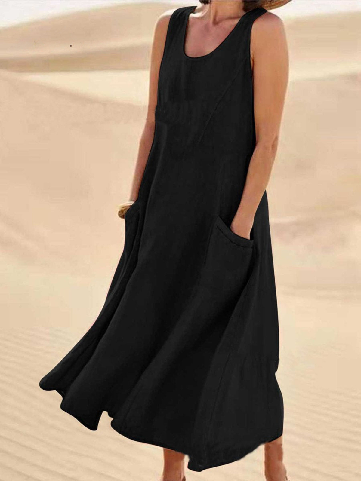 Women's Linen Loose Fit Round Neck Sleeveless Long Maxi Dress