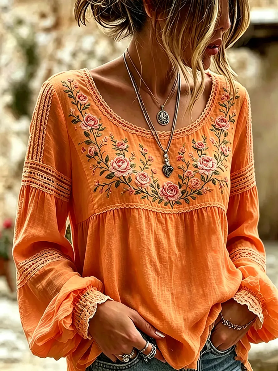 Women's Embroidered Linen Blouse Long Sleeve Everyday Top