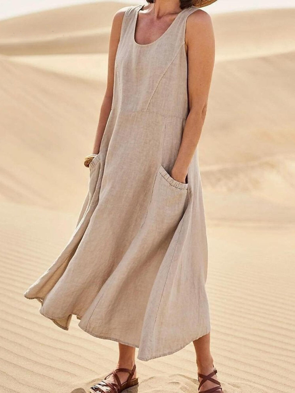 Women's Linen Loose Fit Round Neck Sleeveless Long Maxi Dress