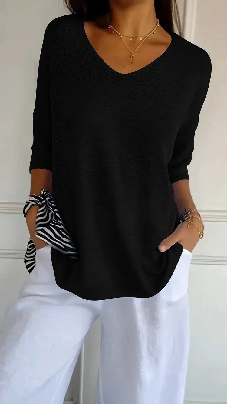 'Mia™ - Cozy Top with Knitted V-Neck — Soft Knit