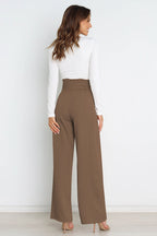 Women's High-Waist Wide Leg Knit Blend Trousers with Tie Belt