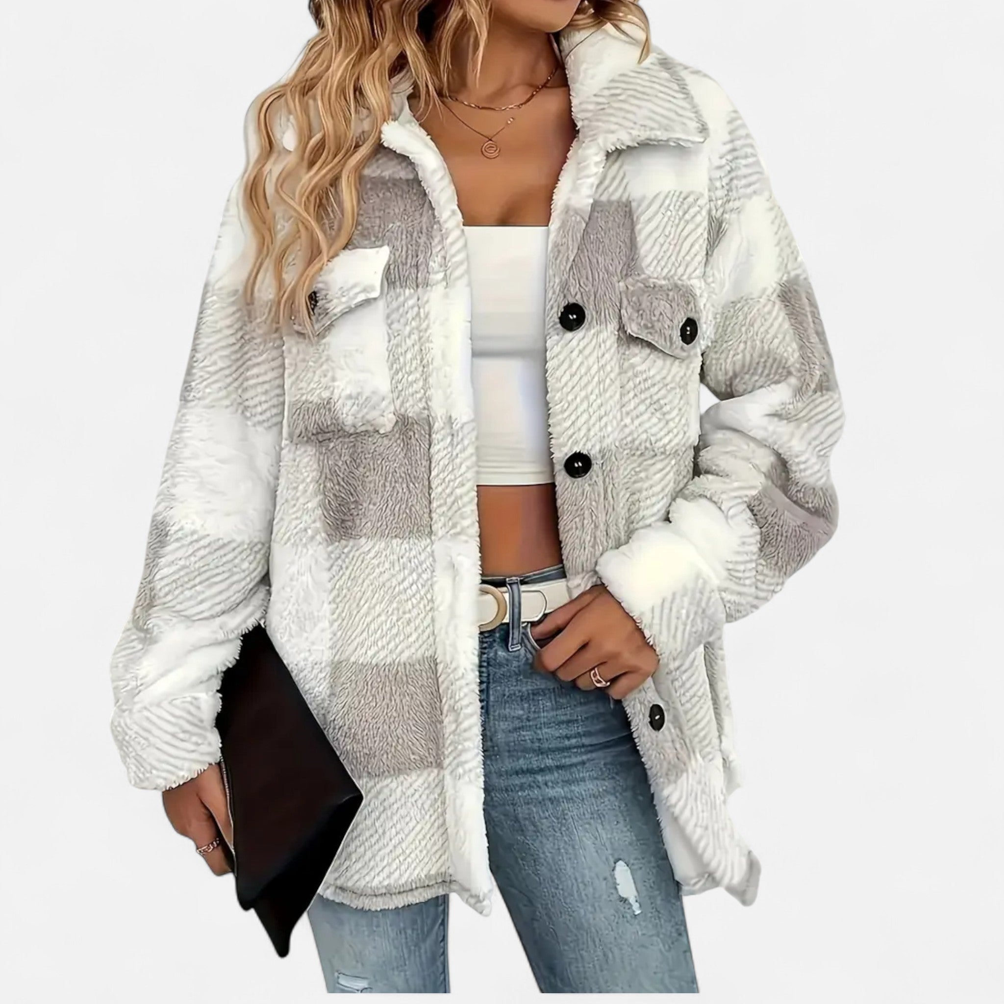 Sophie Laurent | Plush Checkered Sherpa Jacket For Women