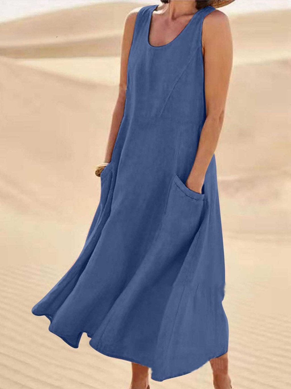 Women's Linen Loose Fit Round Neck Sleeveless Long Maxi Dress