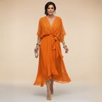 Women's Chiffon Midi Dress with V-Neck and Belt for Autumn Occasions