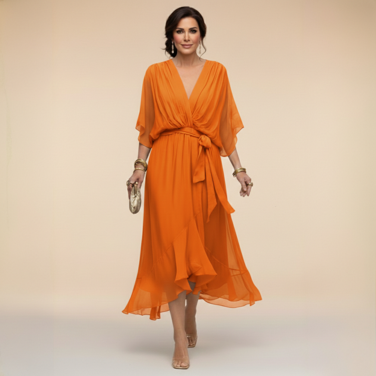 Women's Chiffon Midi Dress with V-Neck and Belt for Autumn Occasions