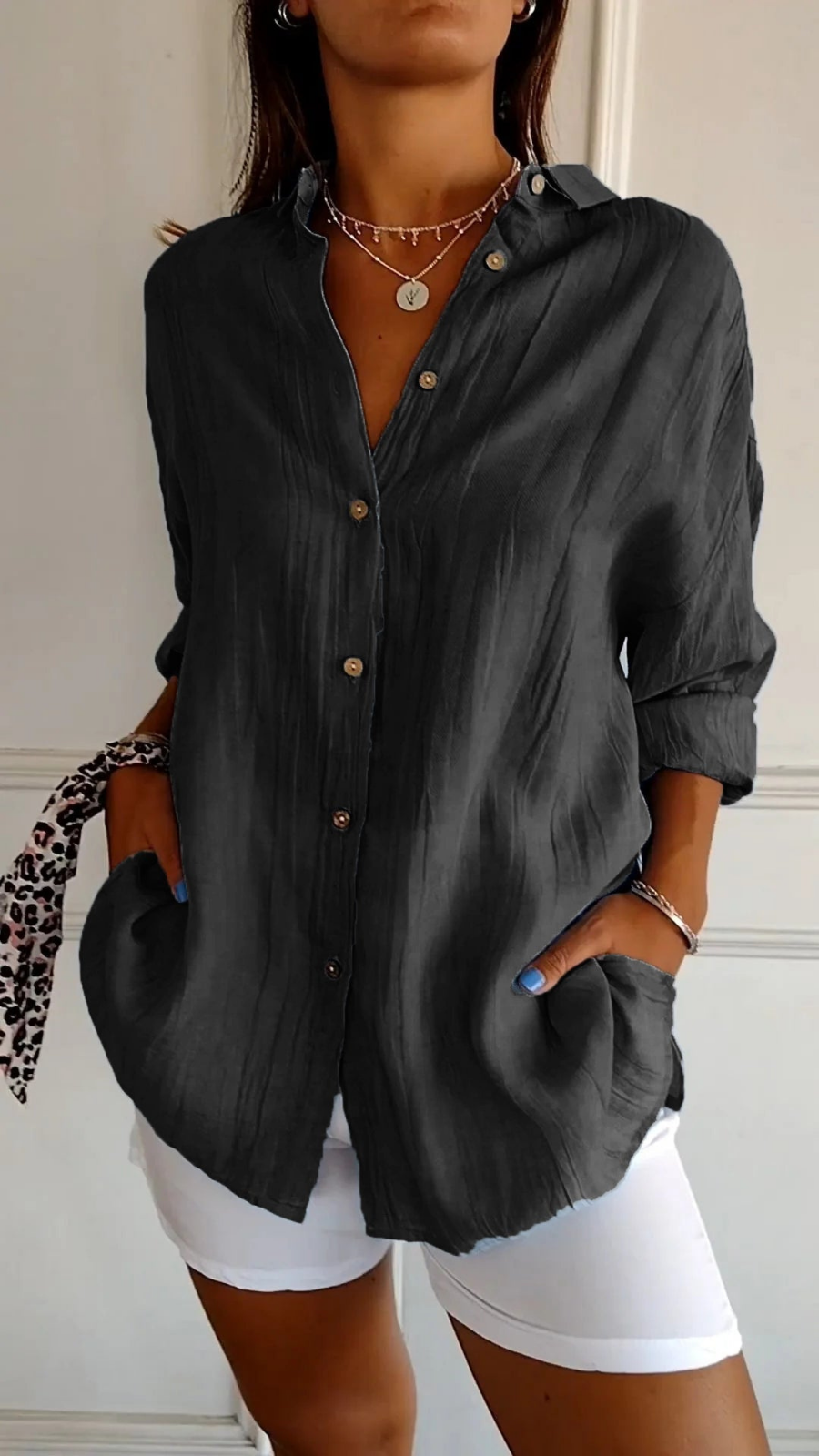 Women's Oversized Linen Shirt with Buttons for Autumn Everyday Wear