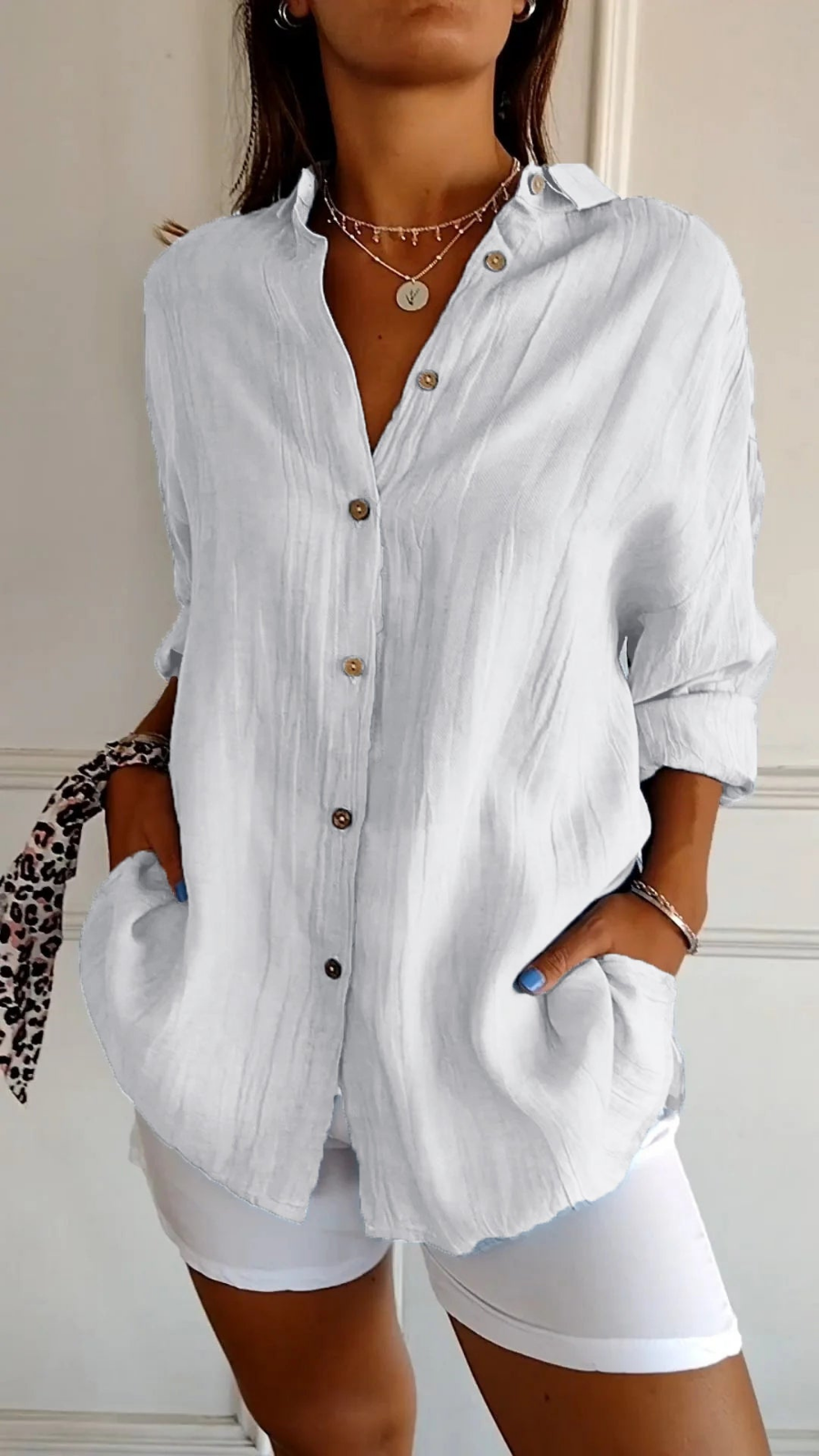 Women's Oversized Linen Shirt with Buttons for Autumn Everyday Wear