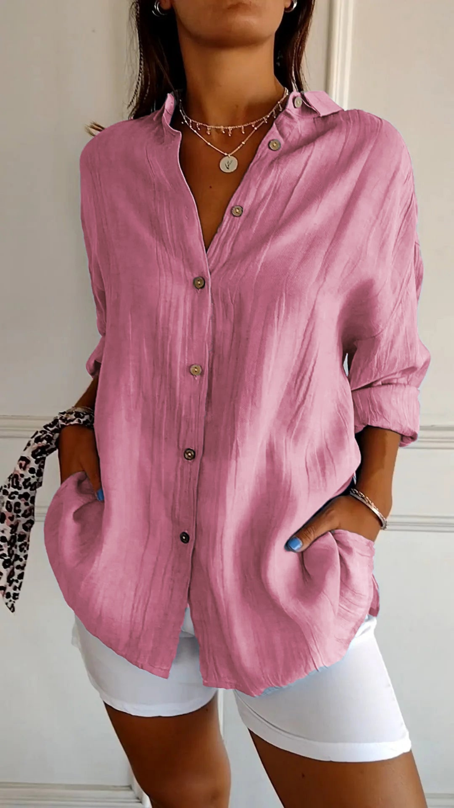 Women's Oversized Linen Shirt with Buttons for Autumn Everyday Wear