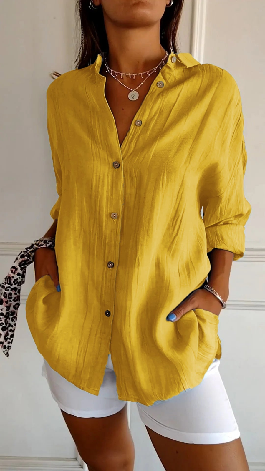 Women's Oversized Linen Shirt with Buttons for Autumn Everyday Wear