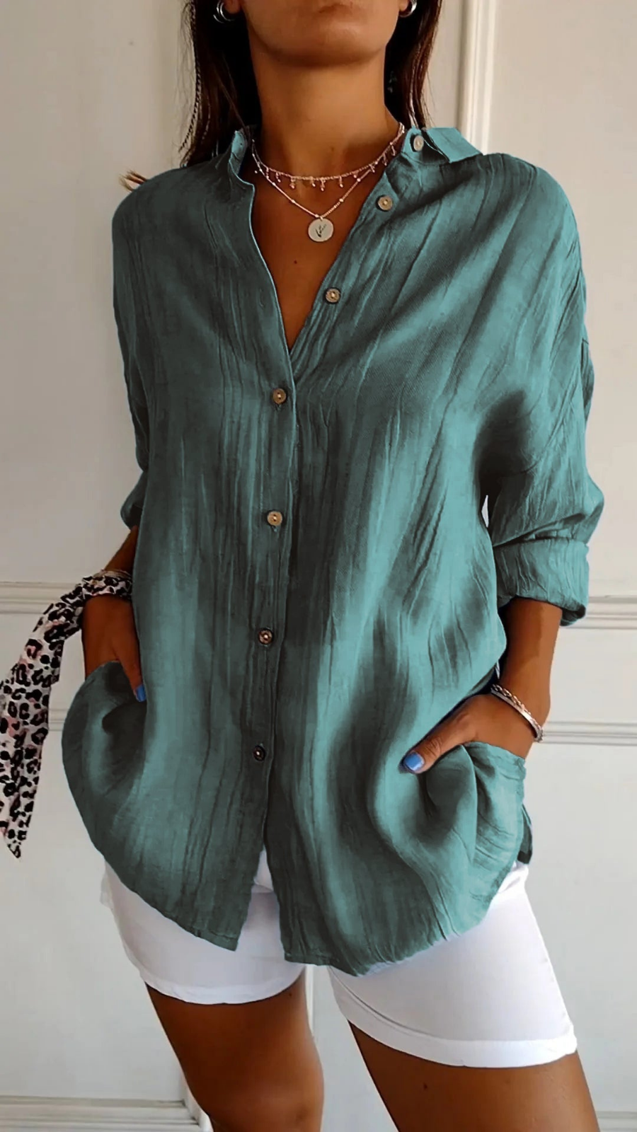 Women's Oversized Linen Shirt with Buttons for Autumn Everyday Wear
