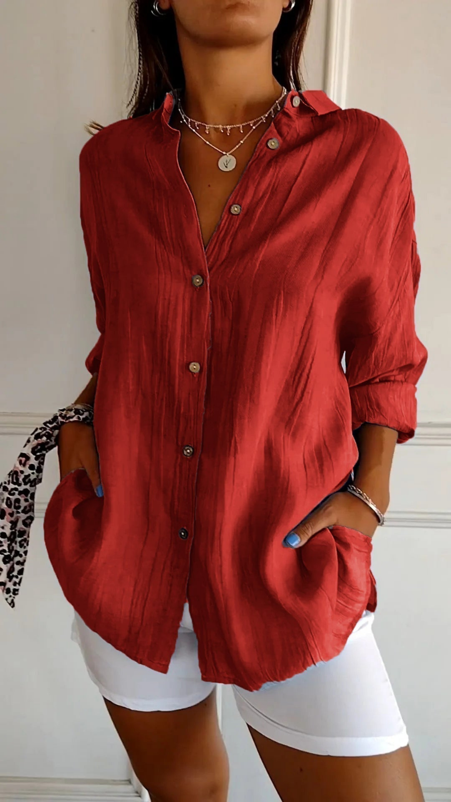 Women's Oversized Linen Shirt with Buttons for Autumn Everyday Wear