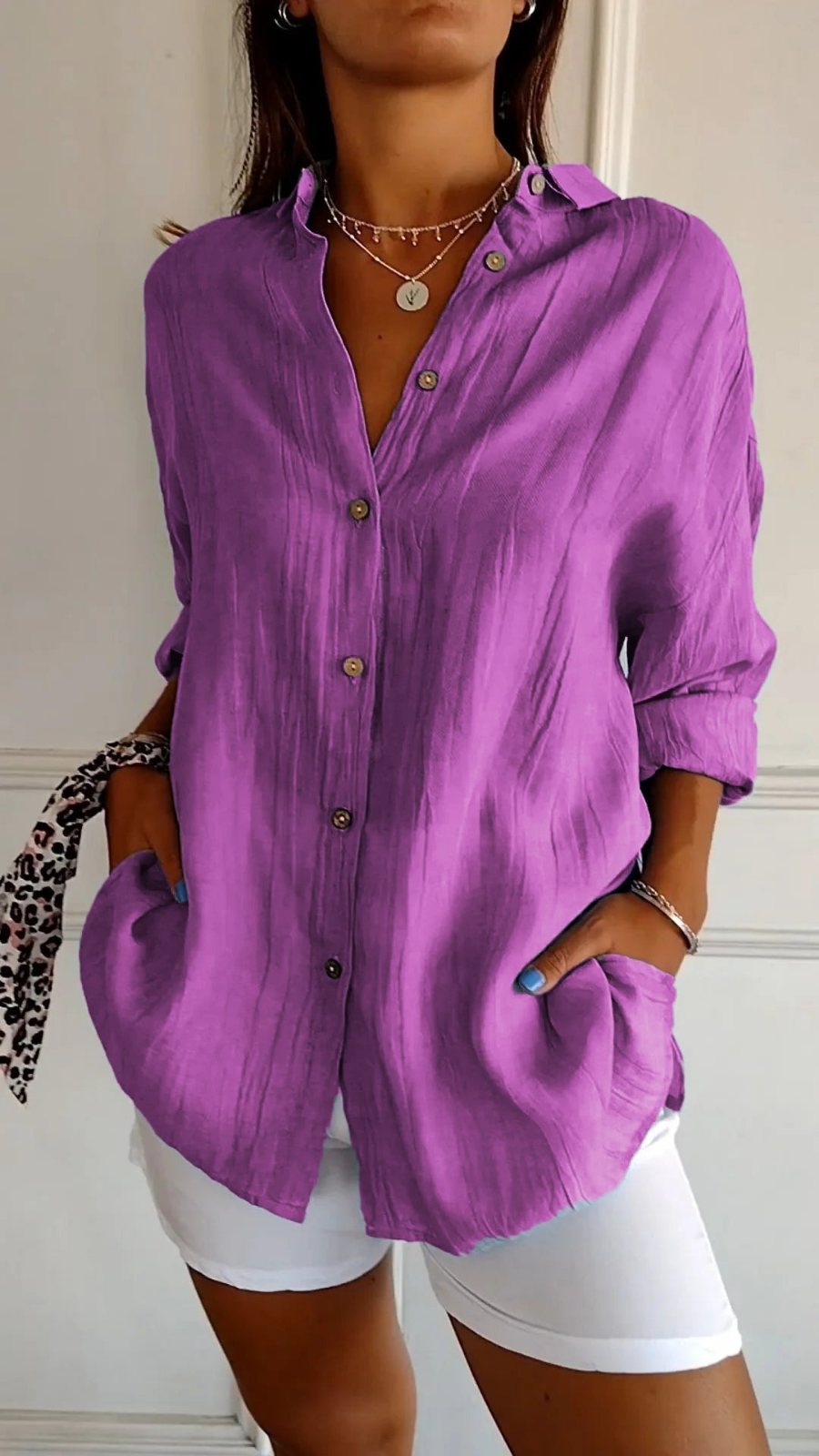 Women's Oversized Linen Shirt with Buttons for Autumn Everyday Wear