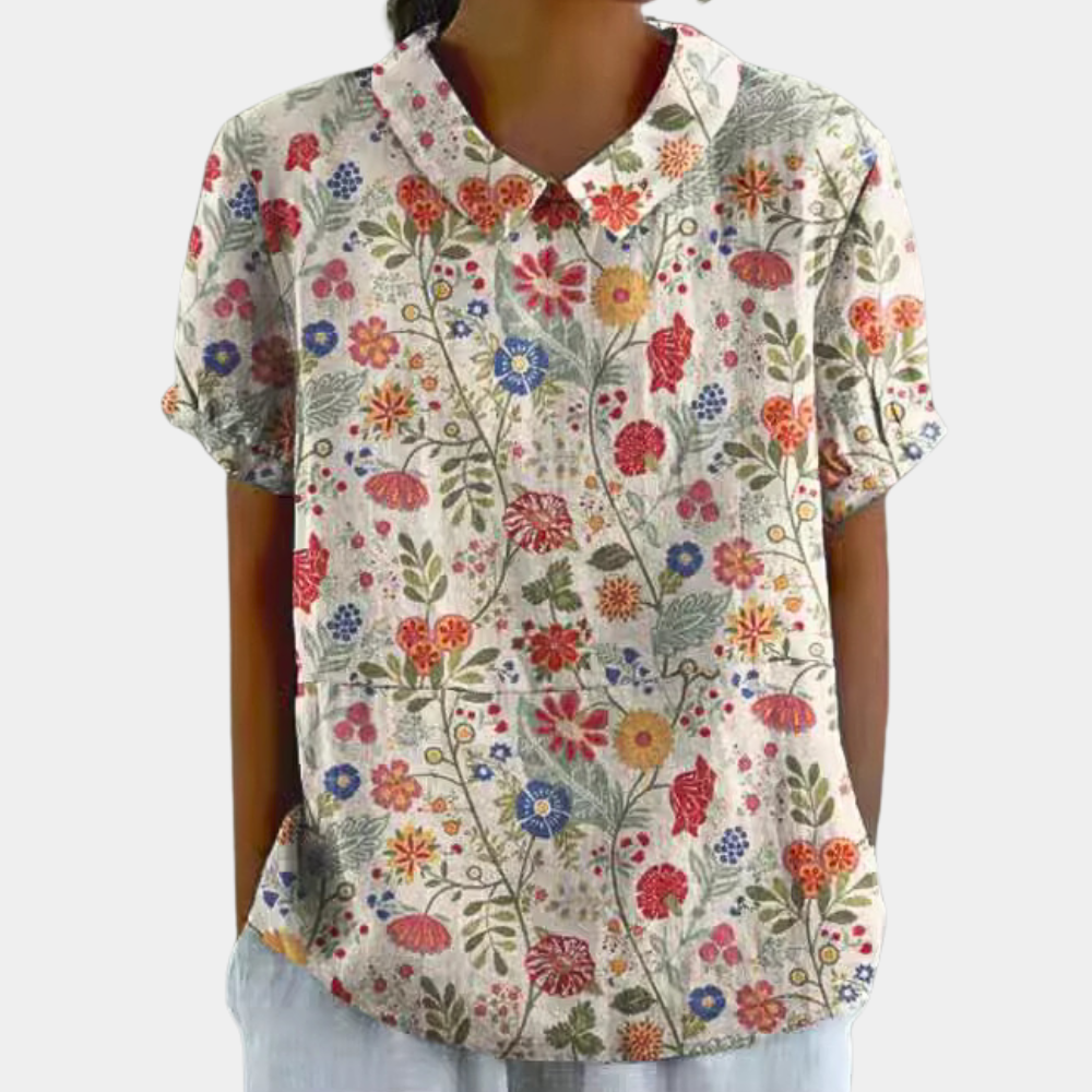 Short Sleeve Cotton Blouse Floral Peter Pan Collar Women's Everyday Summer Top