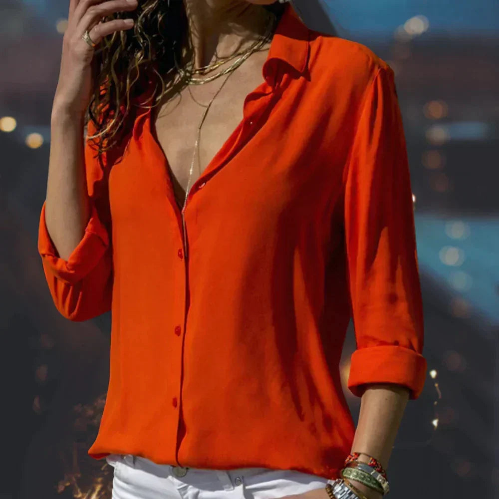 Women's Cotton Blouse with Timeless Collar and Long Roll-Up Sleeves for Autumn