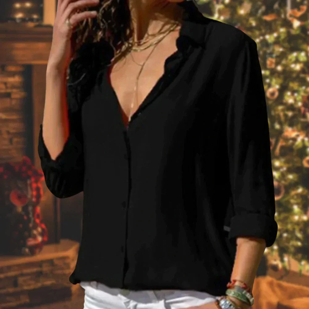 Women's Cotton Blouse with Timeless Collar and Long Roll-Up Sleeves for Autumn