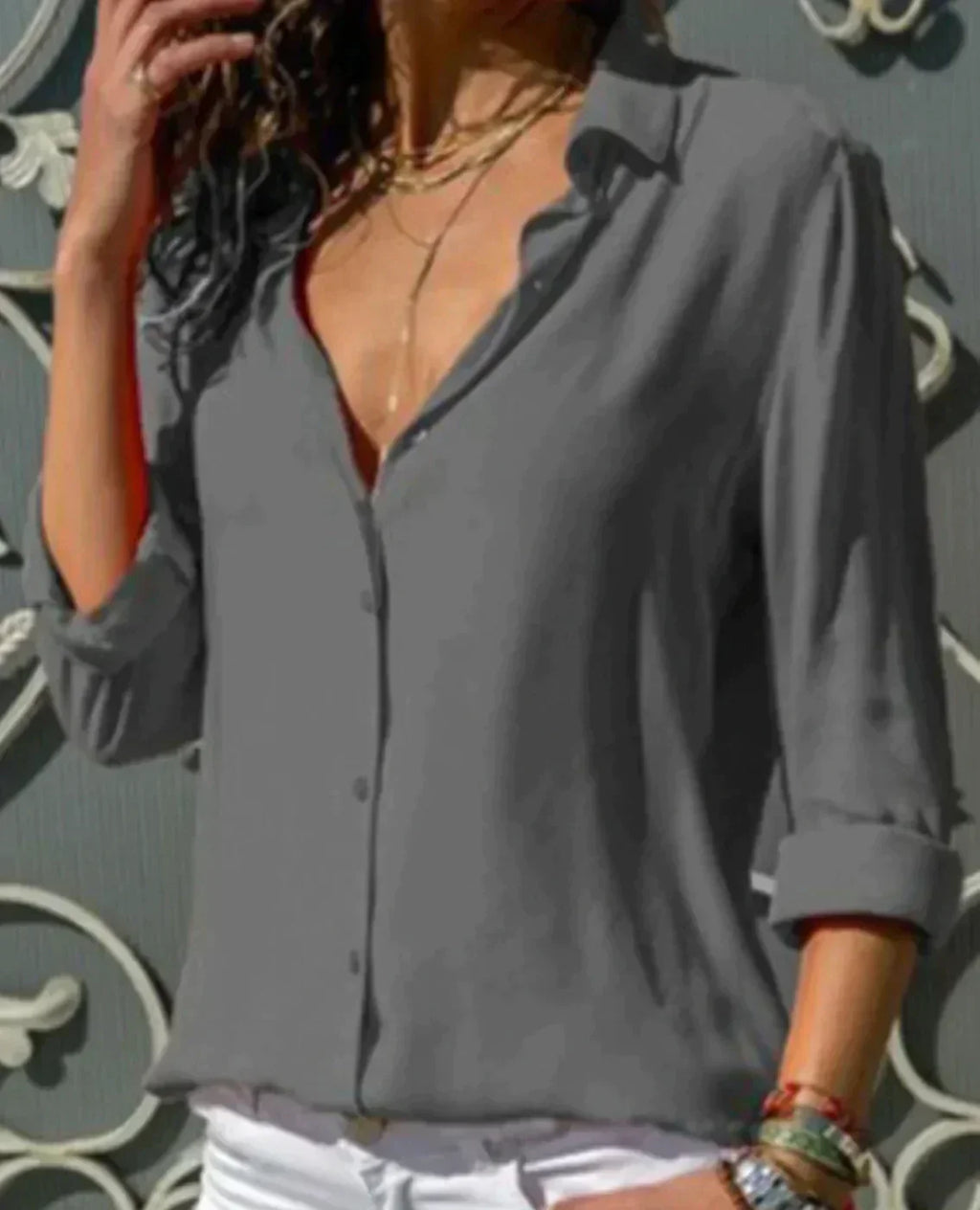 Women's Cotton Blouse with Timeless Collar and Long Roll-Up Sleeves for Autumn