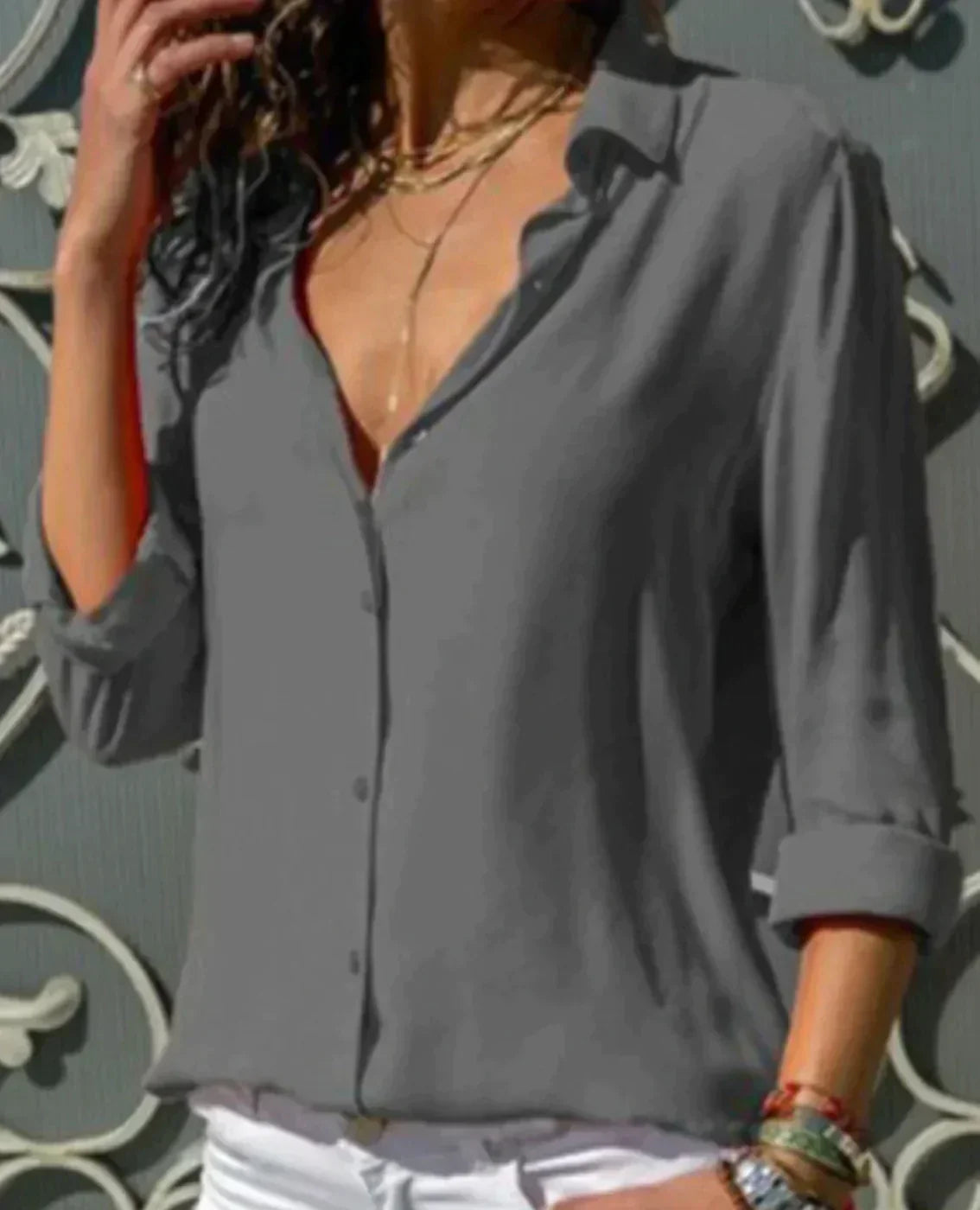 Women's Cotton Blouse with Timeless Collar and Long Roll-Up Sleeves for Autumn