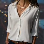 Women's Cotton Blouse with Timeless Collar and Long Roll-Up Sleeves for Autumn
