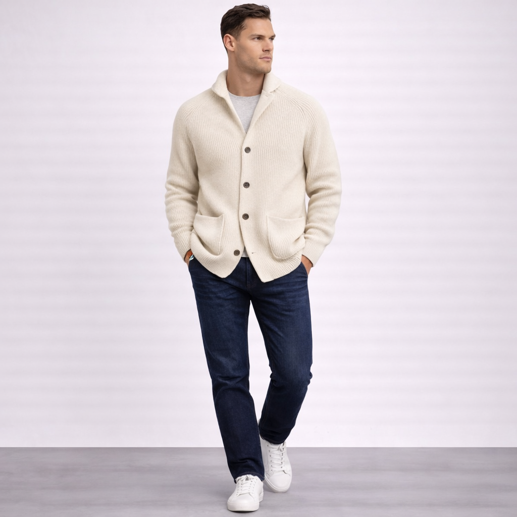 Men's Wool Ribbed Shawl Collar Long-Sleeve Cardigan