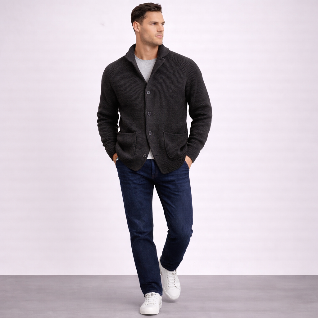 Men's Wool Ribbed Shawl Collar Long-Sleeve Cardigan