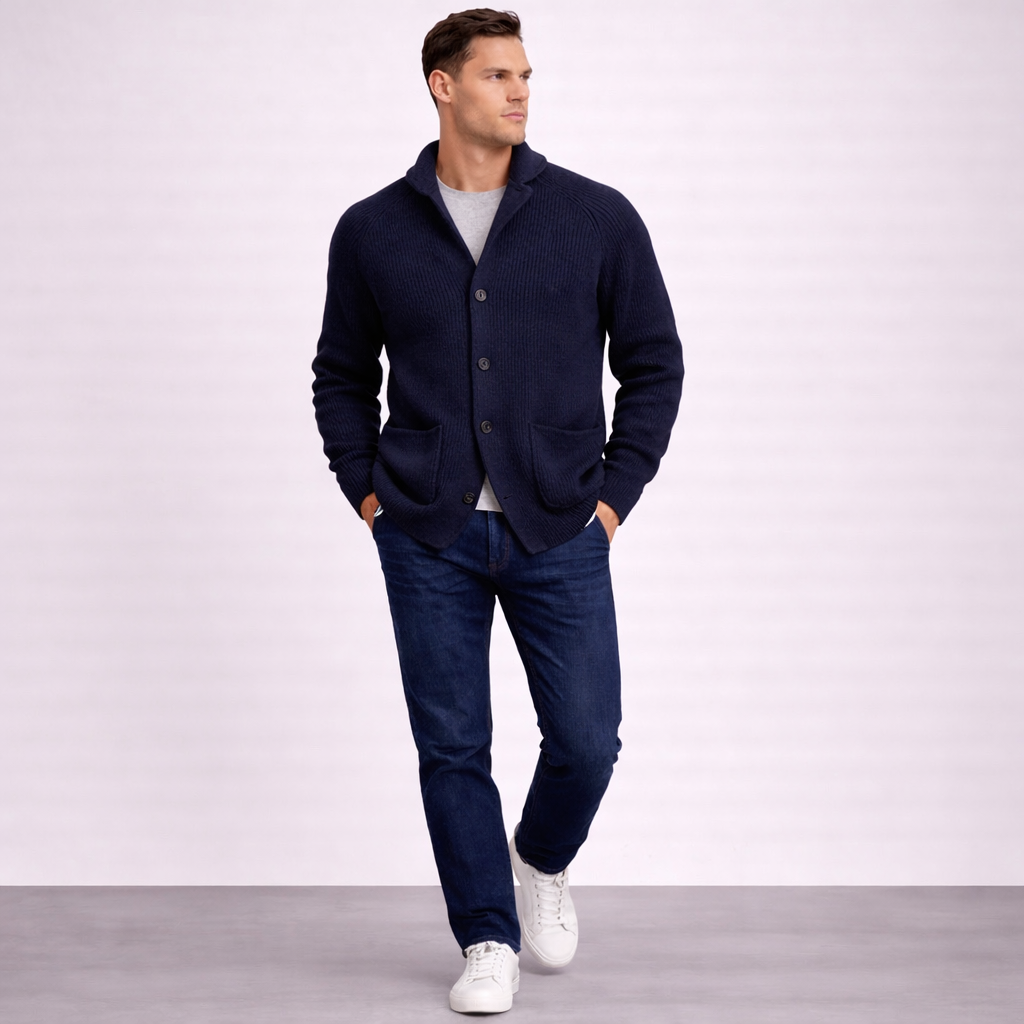Men's Wool Ribbed Shawl Collar Long-Sleeve Cardigan