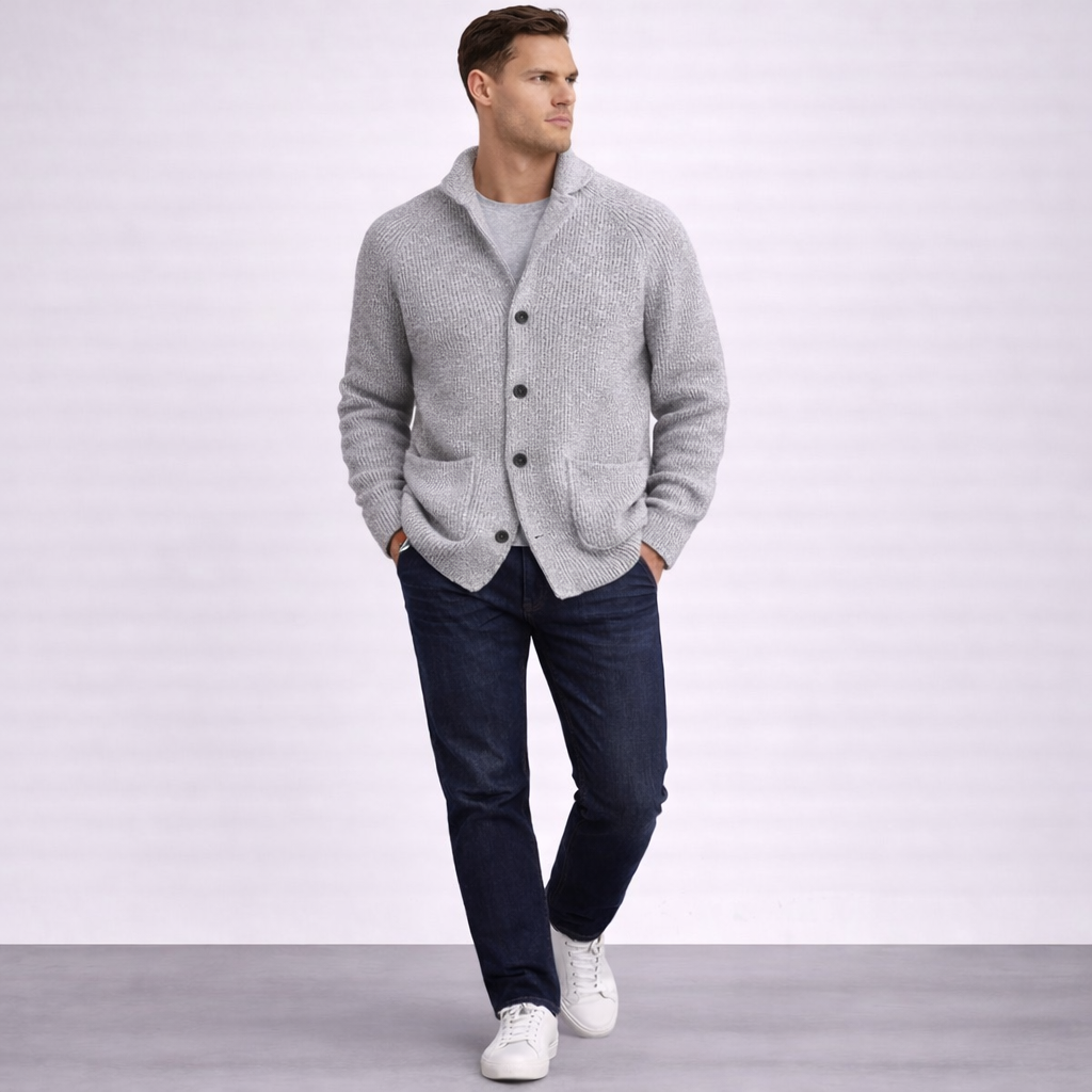 Men's Wool Ribbed Shawl Collar Long-Sleeve Cardigan