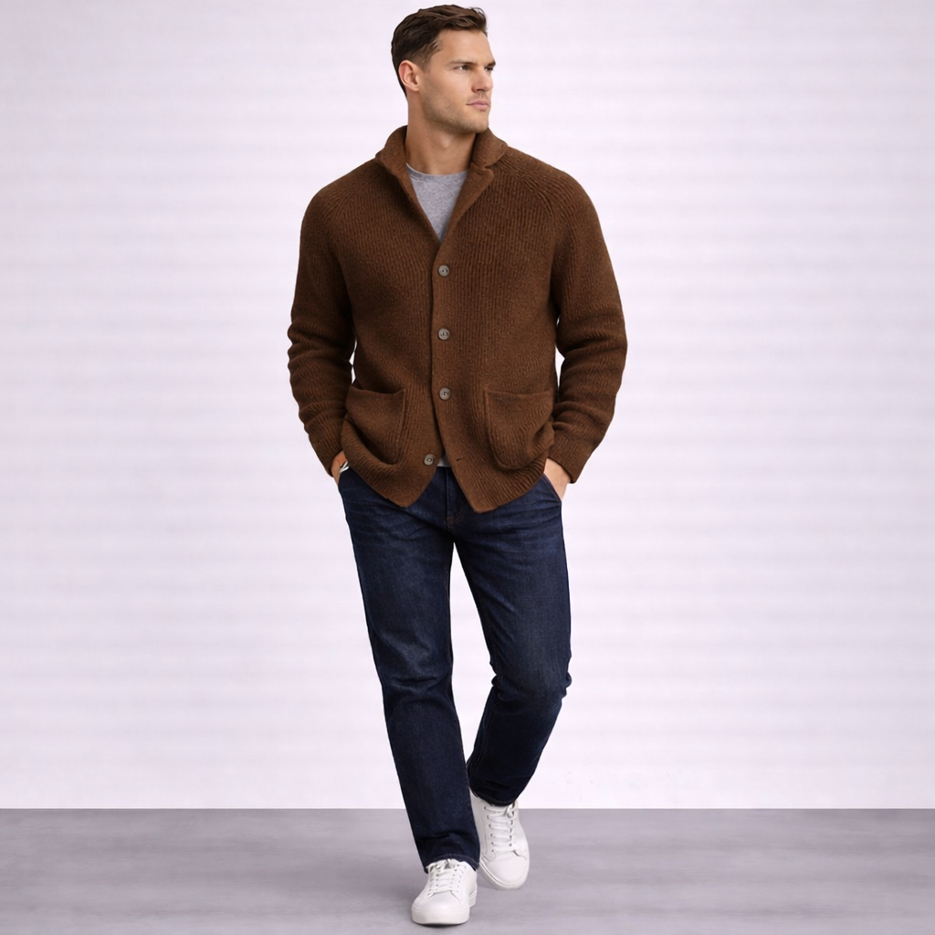 Men's Wool Ribbed Shawl Collar Long-Sleeve Cardigan