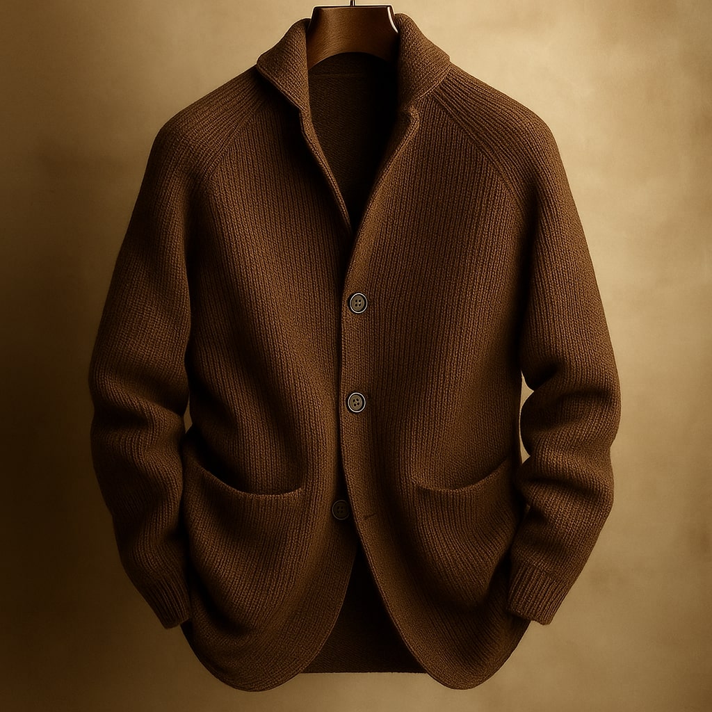 Men's Wool Ribbed Shawl Collar Long-Sleeve Cardigan